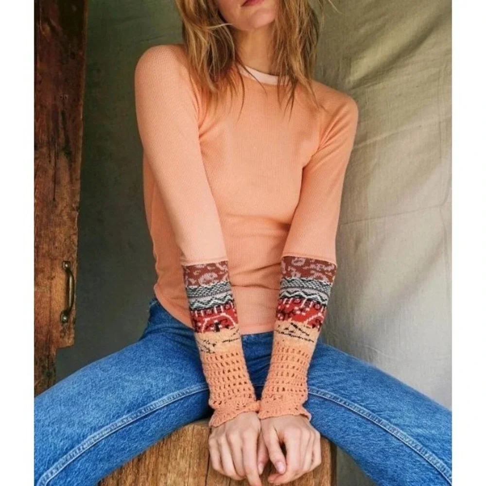 Free People Large In‎ The Mix Desert Orange Crochet Cuff Waffle Knit Thermal Top